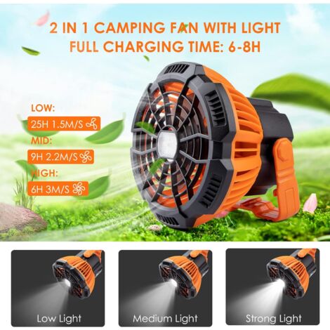 Campingventilator met LED-lantaarn, verbeterde draagbare oplaadbare buitententventilator met licht en haak en afstandsbediening, 4 snelheden, krachtige koeling, USB-bureauventilator, batterijgevoede Campingventilator met LED-lantaarn, verbeterde draagbare oplaadbare buitententventilator met licht en haak en afstandsbediening, 4 snelheden, krachtige koeling, USB-bureauventilator, batterijgevoede
