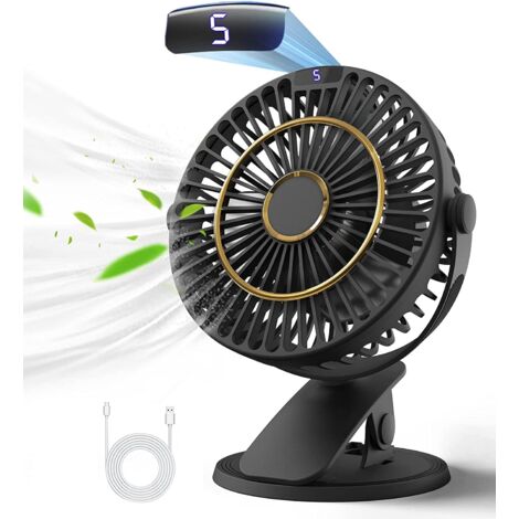 Wiederaufladbarer Tischventilator, Mini-USB-Ventilator mit LCD-Display, 5 Geschwindigkeiten, 720° Drehung, tragbarer Ventilator, leiser Ventilator für Büro/Zuhause/Camping mit 1,2 m Kabel – Schwarz