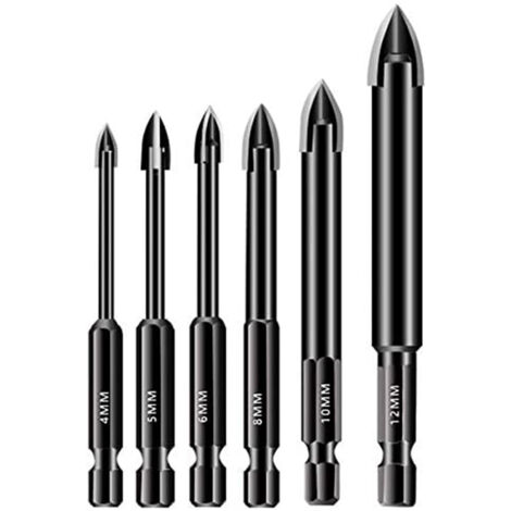 6-teiliges Glasbohrer-Set, 4/5/6/8/Hartmetallbestückte Fliesenaussaat, 10/12 mm Bit, Sechskantschaft, Speerkopfbohrer für Glas, Keramikfliesen, Spiegel, Porzellan, Marmor (1/5)