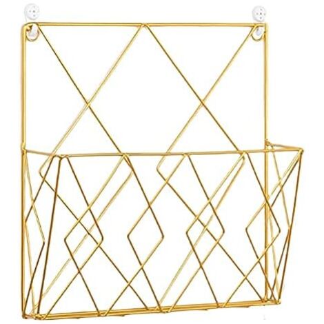 Hängender Zeitschriftenständer Metallzeitungshalter, Zeitungsständer Zeitungskorb Wandzeitungshalter mit 2 Haken für Zeitschriften, Bücher und Bürodokumente (Gold)