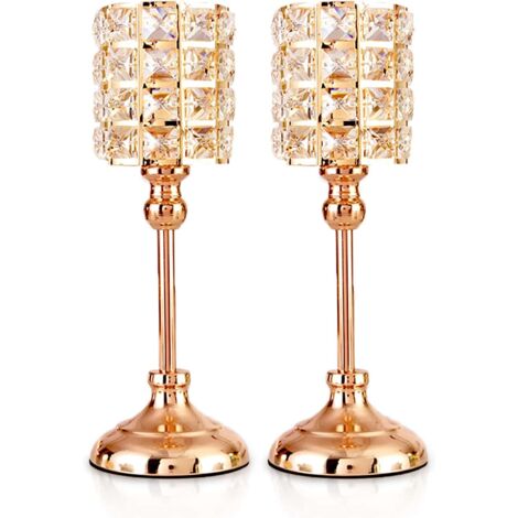 Goldfarbene Kristall-Kerzenhalter, 2 Stück, Teelicht-Metallzylinder, luxuriöser Kerzenständer, 35,5 cm Höhe, Kerzenhalter, Ornamente für Weihnachten, Wohnzimmer, Hochzeit, Tafelaufsätze (groß) (1/5)