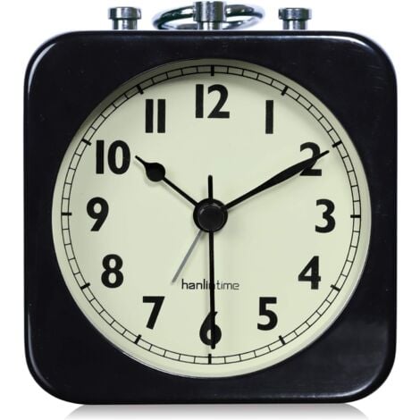 Analoger Wecker, schwarz, quadratisch, geräuschlos, kleiner