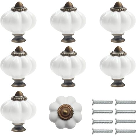 Weißer und bronzefarbener Keramik-Möbelknopf mit kürbisförmigen Schrauben (8er-Set) – 3 x 3,5 cm – runder Vintage-Möbelknopf – für Zuhause, Büro, Küchenschrank, Schubladen und Schrank