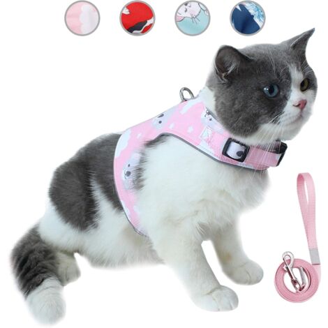 Fluchtsicheres Katzenleinen- und Geschirr-Set, verstellbare, atmungsaktive, reflektierende Haustierweste aus weichem Netz mit innovativer Anti-Verlust-Karte (M, Pink)