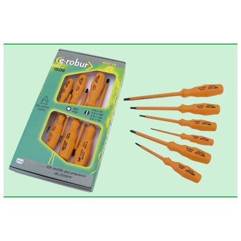 Coffret 6 tournevis isolés 1000V 433119 – PZ1-2, plats 2,5-4-5,5-6,5mm – Protection contre chocs électriques – Agi Robur