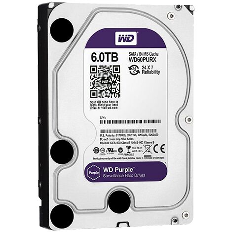 Disque dur Western Digital - Capacité 6 TB - Interface SATA 6 GB/s - Modèle WD60PURX - Spécial pour les enregistreurs vidéo - Individuel ou installé dans DVR