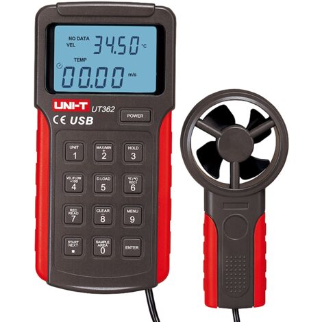 Anemómetro tipo Split - Sensor de velocidad del viento de alta precisión - Sensor de temperatura - Apagado automático Memoria - Conexión a PC mediante USB - Display LCD retroiluminado (1/2)