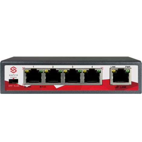 Switch PoE Safire - 4 ports PoE + 1 Uplink RJ45 - Vitesse 10/100 Mbps - Puissance 30 W par port - Puissance maximale totale 65 W - Norme IEEE802.3at (PoE) / af (PoE+) (1/2)
