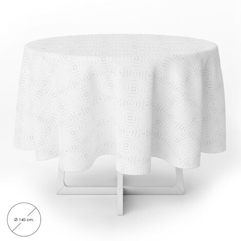 Mantel Hule Muleton Redondo Blanco Impermeable Antimanchas PVC � 140 cm.  Uso Interior y Exterior