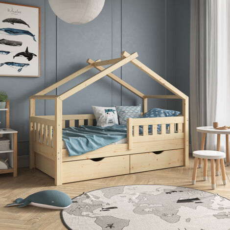 Cama en forma de casa Design, Marrón, 80x160 cm con 2 cajones, Vitalispa