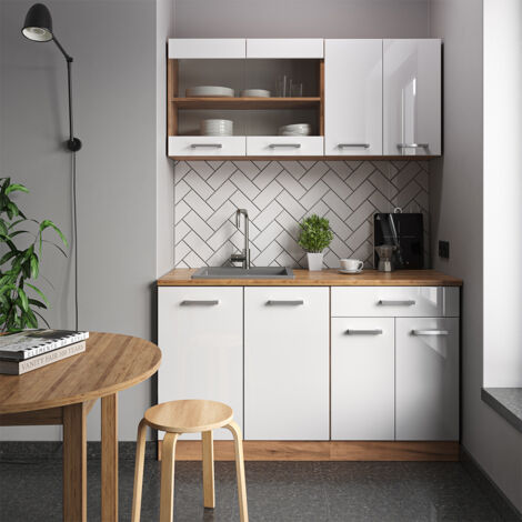 Cocina para solteros R-Line, Blanco brillo intenso/roble dorado, 140 cm sin encimera, Vicco