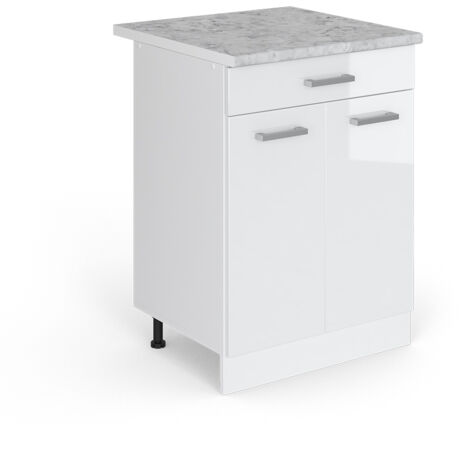 Mueble bajo de cocina R-Line, Blanco alto brillo, 60 cm ET Mármol, Vicco