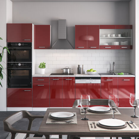 Mueble de cocina R-Line, Burdeos brillo intenso/blanco, 300 cm con armario alto, ET Mármol, Vicco