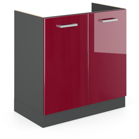 Armario bajo para fregadero R-Line, Rojo Burdeos alto brillo, 80 cm sin encimera, Vicco