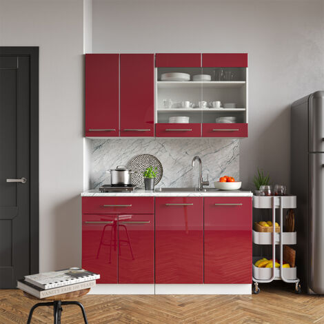 Cocina para solteros Fame-Line, Burdeos brillo intenso/blanco, 140 cm sin encimera, Vicco