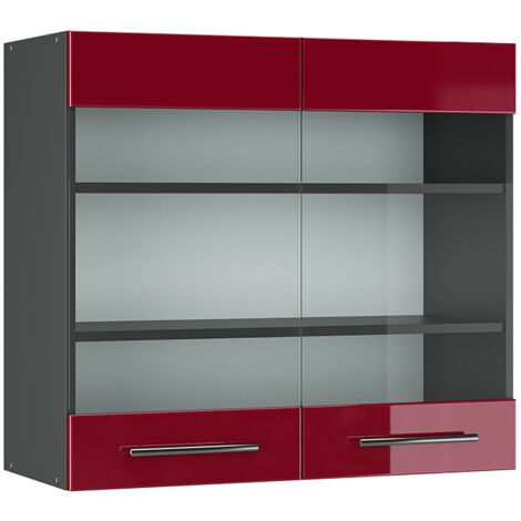 Armario de cocina con vidrio Fame-Line, Rojo Burdeos alto brillo, 80 cm, Vicco