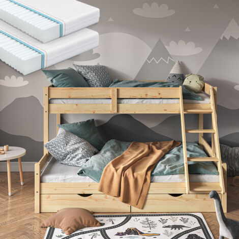 Litera Everest, Madera natural, 140x200 / 90x200 cm con 2 colchones y 2 cajones, Vitalispa