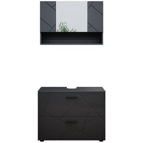Conjunto de muebles de baño Irma, Antracita alto brillo, 2 partes, armario bajo 80 cm, Vicco