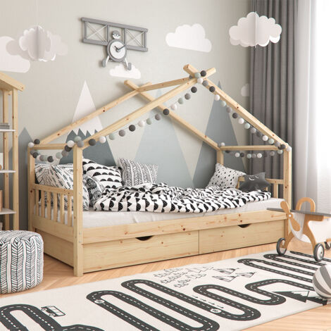 Cama en forma de casa Design, Marrón, 90x200 cm con 2 cajones y colchón, Vitalispa