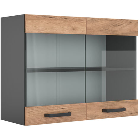 Armario de cocina con vidrio R-Line, Roble dorado, 80 cm, Vicco