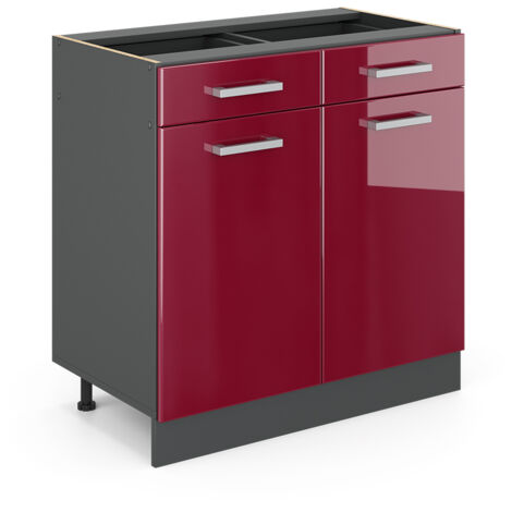 Mueble bajo de cocina R-Line, Rojo Burdeos alto brillo, 80 cm sin encimera, Vicco