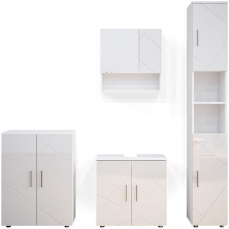 Conjunto de muebles de baño Irma, Blanco alto brillo, 4 piezas, con armario alto y cajonera, Vicco