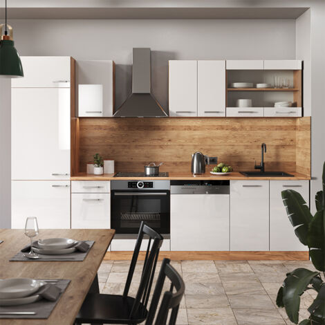 Mueble de cocina R-Line, Blanco brillo intenso/roble dorado, 300 cm sin encimera, Vicco