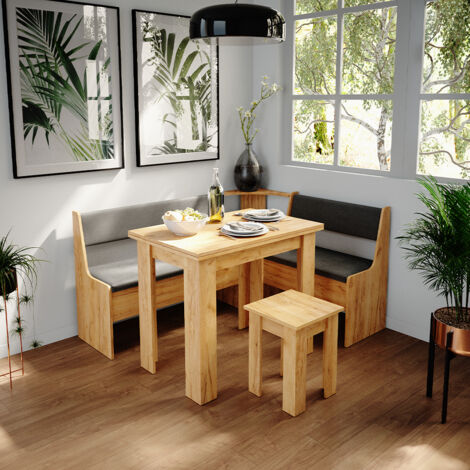 Conjunto con banco esquinero Roman, Roble dorado, 150 x 41.5 cm con mesa, Vicco