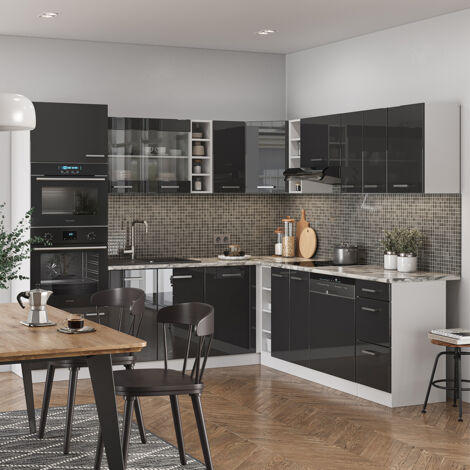 Cocina esquinera R-Line, Antracita brillo intenso/blanco, 237 x 60 cm , ET Mármol, Vicco