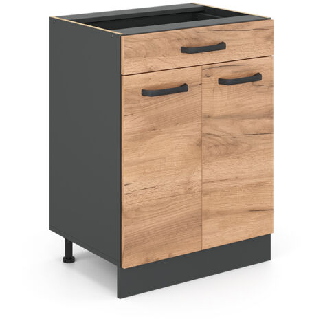 Mueble bajo de cocina R-Line, Roble dorado, 60 cm con cajón, sin encimera, Vicco