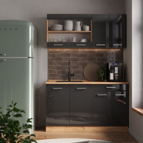 Cocina para solteros R-Line, Antracita brillo intenso/roble dorado eléctrico, 140 cm sin encimera, Vicco