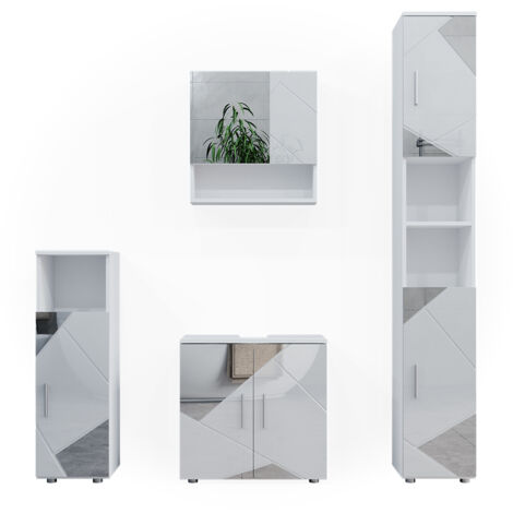 Conjunto de muebles de baño Irma, Blanco alto brillo con inserciones, 4 partes, con armario alto, Vicco