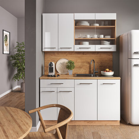 Cocina para solteros Fame-Line, Blanco brillo intenso/roble dorado, 140 cm sin encimera, Vicco (1/5)