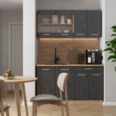 Cocina versátil R-Line, Hormigón negro/roble dorado, 140 cm sin encimera, Vicco