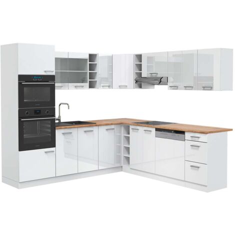Cocina esquinera R-Line, Blanco alto brillo/blanco, 237 x 247 cm , ET Roble, Vicco