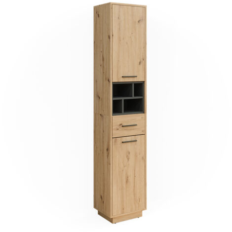 Armario de baño Beatrice, Roble artesanal/antracita, 38 x 190 cm con puertas, cajón, Vicco