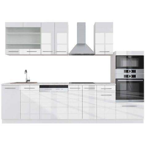 Mueble de cocina Fame-Line, Blanco alto brillo/blanco, 300 cm con armario alto, ET Mármol, Vicco