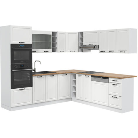 Cocina esquinera R-Line, Casa de campo blanca/blanca, 237 x 247 cm , ET Roble, Vicco