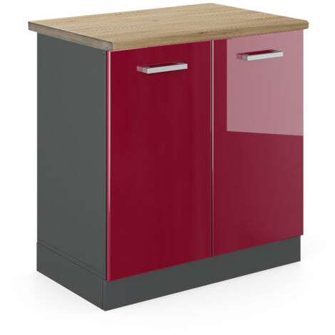 Armario bajo para fregadero R-Line, Rojo Burdeos alto brillo, 80 cm , ET Roble, Vicco