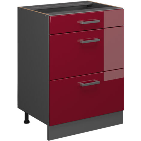 Mueble bajo de cocina R-Line, Rojo Burdeos alto brillo, 60 cm con cajones, sin encimera, Vicco