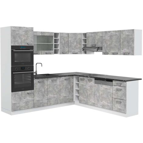Cocina esquinera R-Line, Hormigón/Blanco, 237 x 247 cm , ET Antracita, Vicco