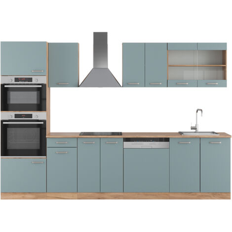 Mueble de cocina R-Line, Roble azul-gris-dorado, 300 cm con armario alto, ET Roble, Vicco