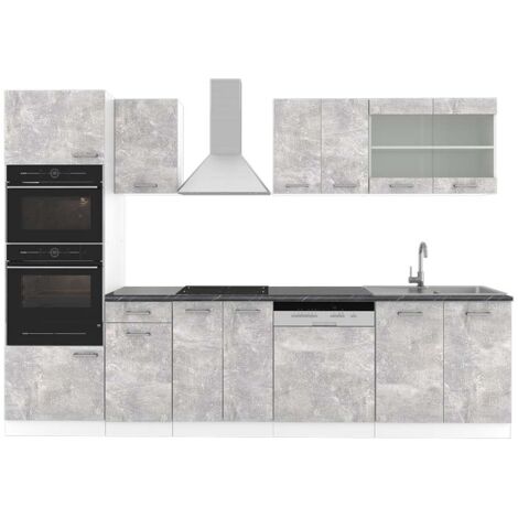 Mueble de cocina R-Line, Hormigón/Blanco, 300 cm con armario alto, ET Antracita, Vicco