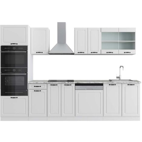 Mueble de cocina R-Line, Casa de campo blanca/blanca, 300 cm con armario alto, ET Mármol, Vicco