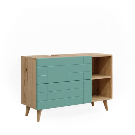 Mueble bajo lavabo Rudi, Verde menta, 90 x 59 cm con 2 cajones, Vicco