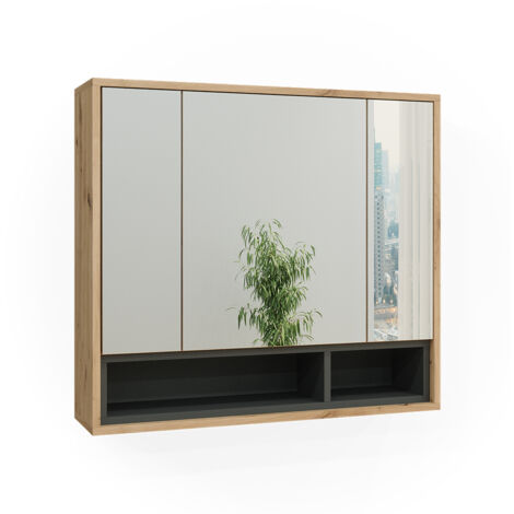 Armario con espejo para baño Beatrice, Roble artesanal/antracita, 80 x 72 cm, Vicco