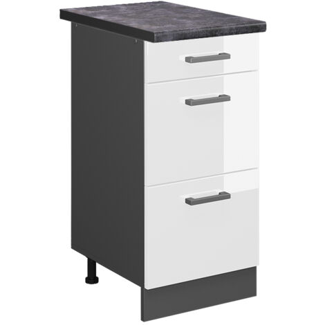 Mueble bajo de cocina R-Line, Blanco alto brillo, 40 cm con cajones, ET Antracita, Vicco
