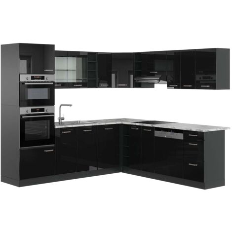Cocina esquinera R-Line, Negro/antracita de alto brillo, 237 x 247 cm , ET Mármol, Vicco