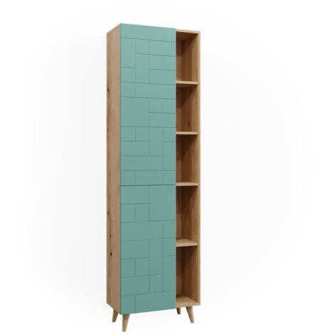 Armario de baño Rudi, Verde menta, 56 x 193 cm con puertas y compartimentos abiertos, Vicco