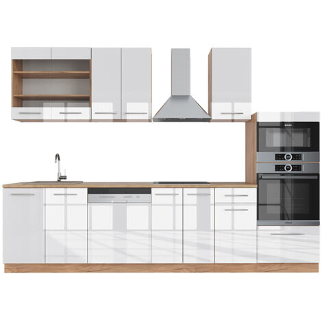 Mueble de cocina Fame-Line, Blanco brillo intenso/roble dorado, 300 cm con armario alto, ET Roble, Vicco